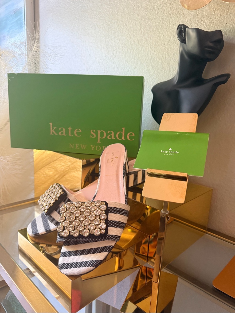 🌹 kate spade Black & White Striped Crystal Buckle Slides
